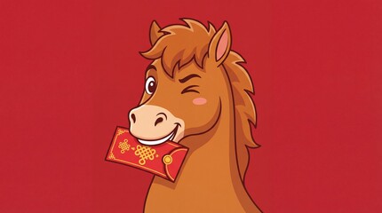 A playful cartoon horse holding a red envelope (Hongbao) in its mouth, winking, isolated on a solid red background, vector art style.