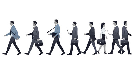 A line of diverse business professionals walking in the same direction, some carrying briefcases and laptops.