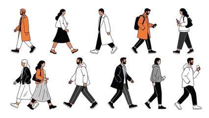 Fototapeta premium A diverse group of people walking in a stylized, flat illustration style, showcasing various clothing and poses.