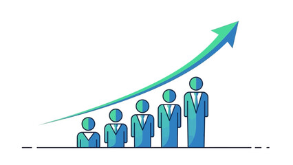 Illustration of business growth represented by a rising arrow over stylized figures of increasing size.
