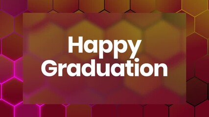 A colorful geometric pattern background with a central rectangle featuring the words 'Happy Graduation' in white text, conveying a celebratory mood with a trend of modern design.
