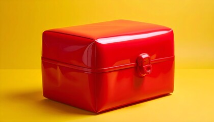 A surreal red lunchbox sits on a vibrant yellow background, evoking a sense of playful nostalgia and minimalist design