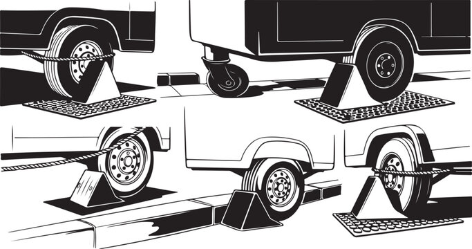 Trailer wheel chocks in various positions and uses safely