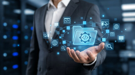 A professional businessman presents coding and software development concepts in a modern office, showcasing innovative technology solutions & digital transformation for business