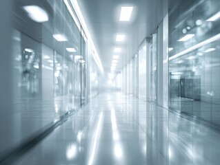 Fototapeta premium Modern illuminated corridor with reflections, creating a sense of depth