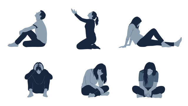 A collection of six diverse illustrations depicting individuals in various states of distress and contemplation.