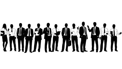 A diverse group of business professionals standing together in a line, showcasing teamwork and corporate unity.