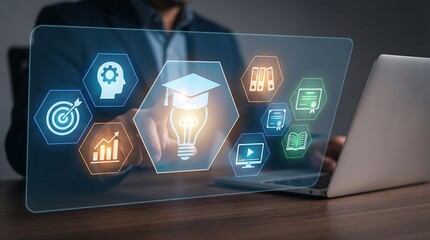 Businessman engaging with cutting-edge e-learning platform on laptop, symbolizing modern education and skill development