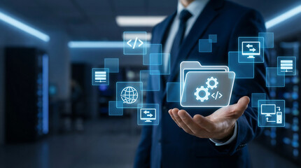 Businessman presenting cutting-edge digital technology and data management solutions in a modern office setting with glowing neon icons.