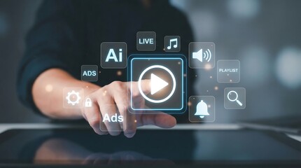 Person interacting with futuristic digital interface for seamless video playback and online content navigation, representing modern technology and user experience.