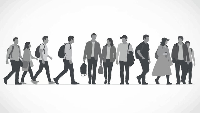 A diverse group of people in silhouette, walking in a line against a plain background.