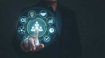 Businessman engaging with a futuristic digital interface, symbolizing teamwork, data analysis, and innovative strategy. Represents modern business solutions and professional growth.
