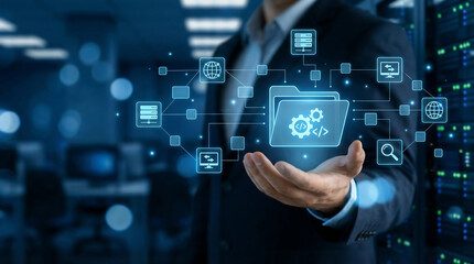 Businessman showcasing cutting-edge digital technology solutions in a modern office setting, representing innovation and progress in the tech industry.