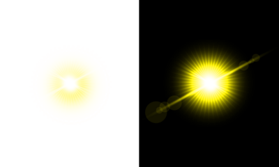 Abstract bright glowing yellow light effect isolated on transparent background beautiful camera lens flare light ray explosion