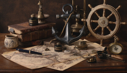 Nautical themed still life composition featuring an antique ship's wheel, brass anchor, vintage map, old books, and maritime accessories with warm lighting