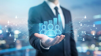 A businessman presents glowing blue people icons and a bar graph, symbolizing growth and connection in a modern urban setting.