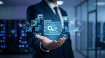 Businessman showcasing cutting-edge digital solutions in a modern office setting, representing innovation and technological advancement.
