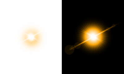 Abstract bright glowing orange yellow light effect isolated on transparent background beautiful camera lens flare light ray explosion