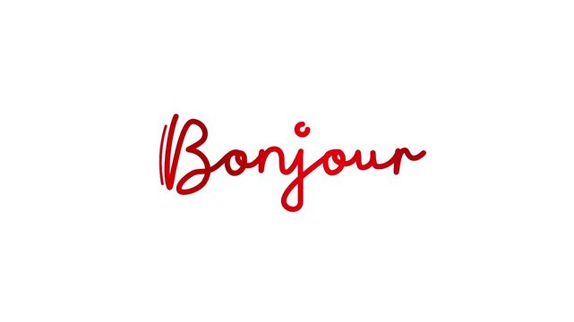 Bonjour one line continuous animated typography lettering animation lineart intro outro video, greeting wishes handwriting hand drawn monoline vintage text on background red type on white bg