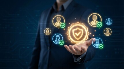 Businessman presenting secure user authentication and data protection concept with glowing shield and verified user icons, conveying trust and safety in a modern digital environment.