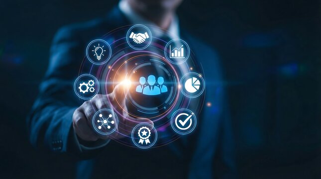 Businessman engaging with a futuristic digital interface for team collaboration and strategy planning in a modern professional setting. - Powered by Adobe