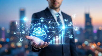 Businessman presenting digital network and growth chart with cityscape background, conveying innovation and leadership in a modern urban setting.