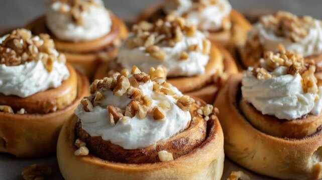 Creamy cinnamon roll topped with whipped frosting and chopped walnut pieces, warm baked roll pastry with soft swirl and golden crust, sweet breakfast pastry dessert offering indulgent texture