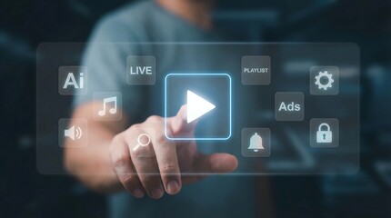 Man interacts with a futuristic digital interface to play video content, representing modern technology and multimedia experiences.