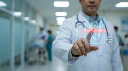 A doctor interacts with advanced biometric fingerprint technology in a modern hospital setting. The futuristic interface enhances patient care and security.