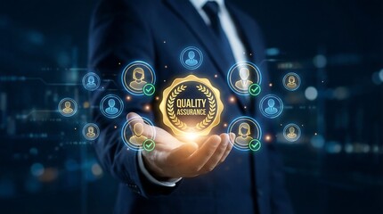 Businessman confidently presents quality assurance concept with glowing seal and verified profiles, conveying trust and excellence in a professional setting.