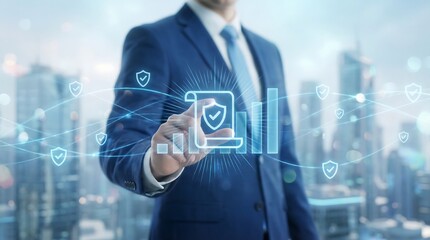 Businessman interacting with futuristic digital security interface in a modern cityscape, conveying innovation and protection
