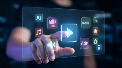 Interactive digital interface with glowing icons and a central play button, inviting interaction and exploration of multimedia content.