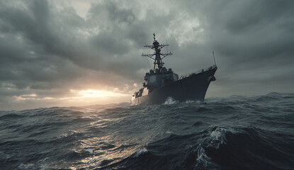 Fototapeta premium Navy destroyer ship navigating through stormy ocean waters under a dramatic cloudy sky during rough weather