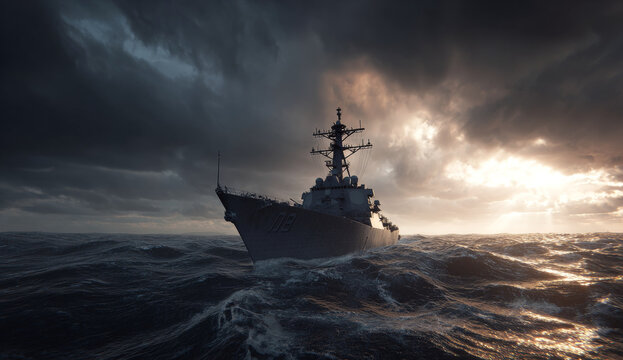 Navy destroyer ship navigating through stormy ocean waters under turbulent dark sky during rough weather