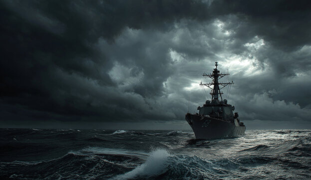 Navy destroyer ship navigating turbulent ocean under stormy, dark sky with dramatic cloud formations and choppy waters