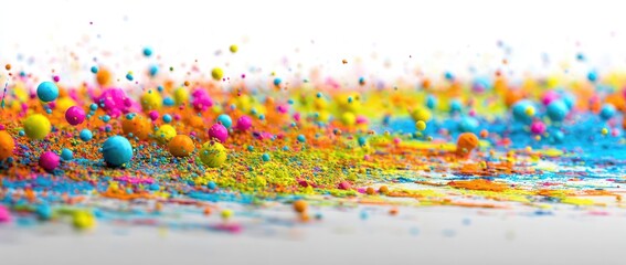 Vibrant, colorful powder and spheres explode across a white surface