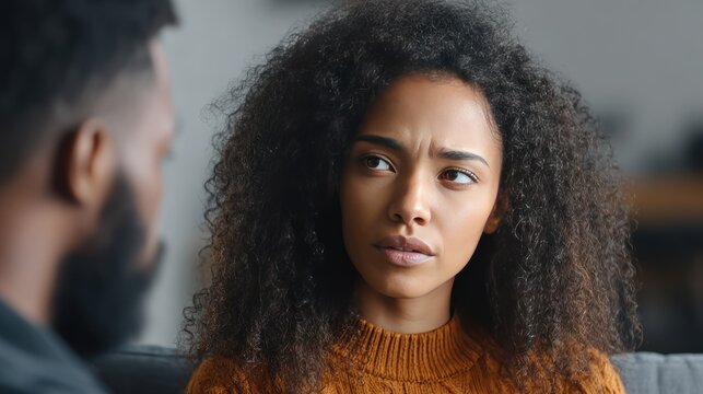 Young African American woman with an upset expression looking at a man during a serious conversation.