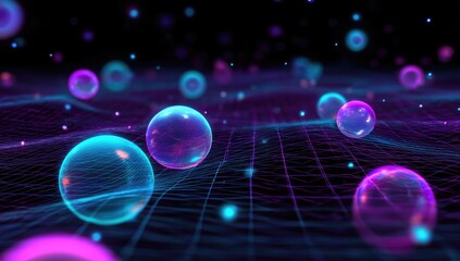 Luminous spheres float on a glowing, gridded digital plane