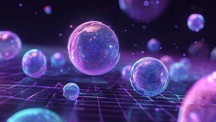 Glowing spheres float on a holographic grid, bathed in purple light