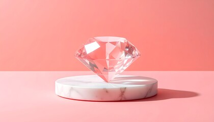 A surreal pink background showcases a crystal diamond on a marble pedestal, highlighting luxury and elegance with a touch of surrealism