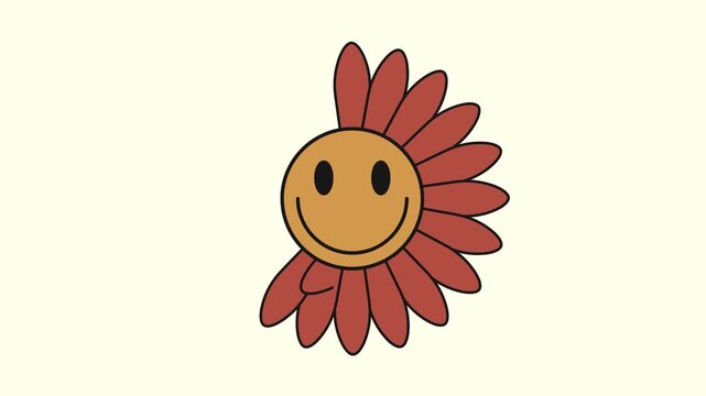 4K video sun flower Groovy daisy flowers face cartoon retro symbols in 70s hippie art, funky. 70s groovy cartoon smile emoji, animated footage motion graphic illustration design