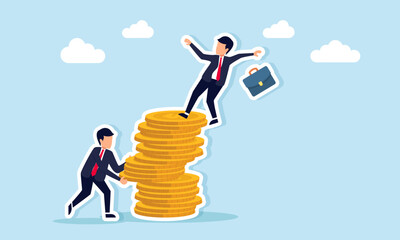 Businessman falling from coin stack after another takes dollar coins illustrating business failure caused by internal corruption