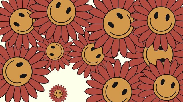4K background video sun flower Groovy daisy flowers face cartoon retro symbols in 70s hippie art, funky. 70s groovy cartoon smile emoji, animated footage motion graphic illustration design