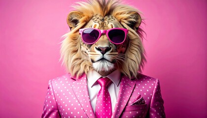 Lion dressed in stylish pink suit and sunglasses