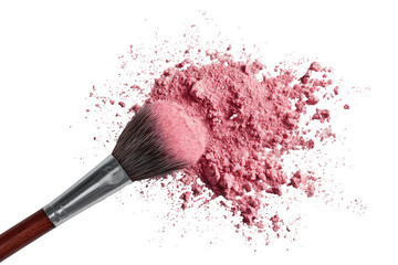 Pink powder heap, brush close, isolated against black backdrop