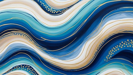 Abstract blue and gold wavy lines pattern with dots, flowing artistic background
