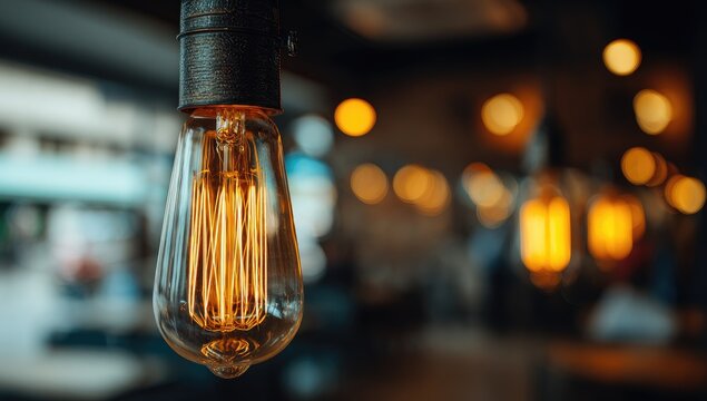 Close up of an Edison filament light bulb hanging with warm bokeh background
