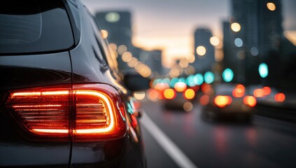 A close-up of a car's illuminated taillight on a busy, blurred city street