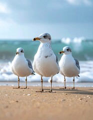 Fototapeta premium Seagulls on the beach, a serene coastal scene.