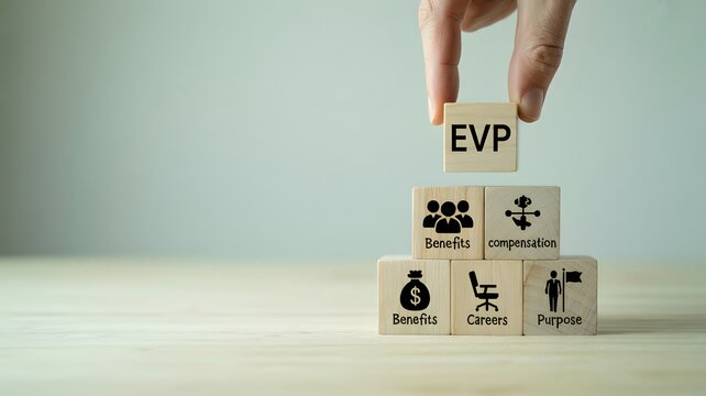 Hand placing wooden block with EVP on stack of cubes representing business, culture, benefits, compensation, and people in a minimalist business concept photograph